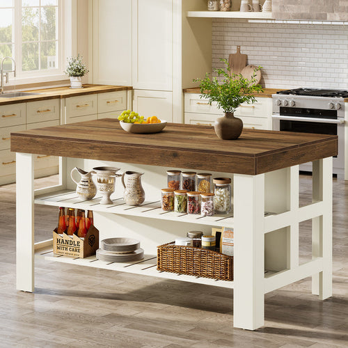 Tribesigns 55.1-Inch Kitchen Island with Seating and Storage Shelves, Farmhouse Breakfast Counter Table for Kitchen and Dining Room