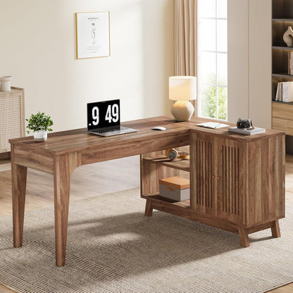 Tribesigns 57-Inch L-Shaped Desk with Storage Cabinet, Corner Computer Desk for Home Office#Colour_Dark Brown