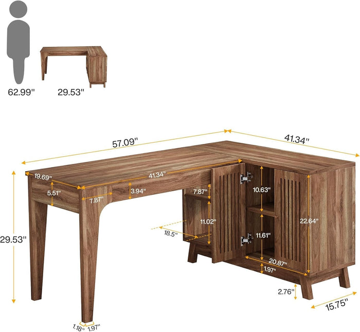 57-Inch L-Shaped Desk with Storage Cabinet, Corner Computer Desk for Home Office#Colour_Dark Brown