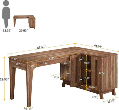 57-Inch L-Shaped Desk with Storage Cabinet, Corner Computer Desk for Home Office#Colour_Dark Brown