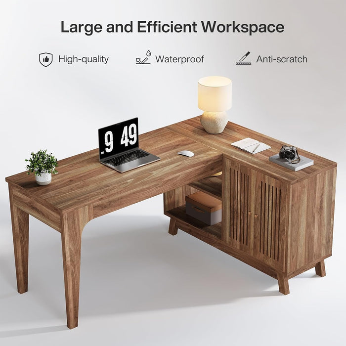 57-Inch L-Shaped Desk with Storage Cabinet, Corner Computer Desk for Home Office#Colour_Dark Brown