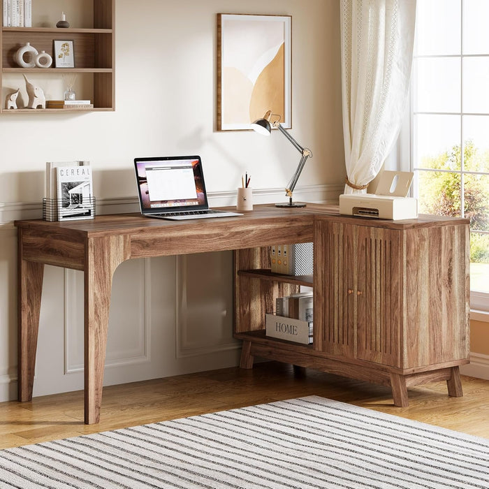 57-Inch L-Shaped Desk with Storage Cabinet, Corner Computer Desk for Home Office#Colour_Dark Brown