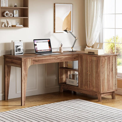 57-Inch L-Shaped Desk with Storage Cabinet, Corner Computer Desk for Home Office#Colour_Dark Brown