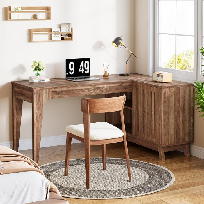 57-Inch L-Shaped Desk with Storage Cabinet, Corner Computer Desk for Home Office#Colour_Dark Brown