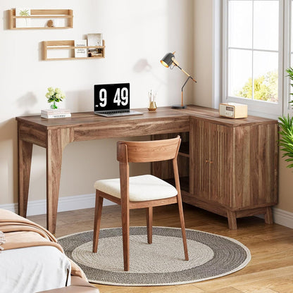 57-Inch L-Shaped Desk with Storage Cabinet, Corner Computer Desk for Home Office#Colour_Dark Brown