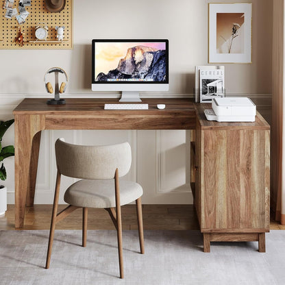 57-Inch L-Shaped Desk with Storage Cabinet, Corner Computer Desk for Home Office#Colour_Dark Brown