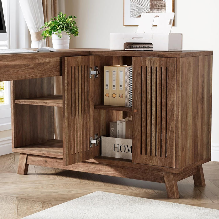 57-Inch L-Shaped Desk with Storage Cabinet, Corner Computer Desk for Home Office#Colour_Dark Brown