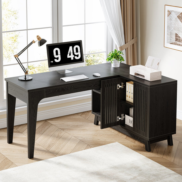 57-Inch L-Shaped Desk with Storage Cabinet, Corner Computer Desk for Home Office#Colour_Black