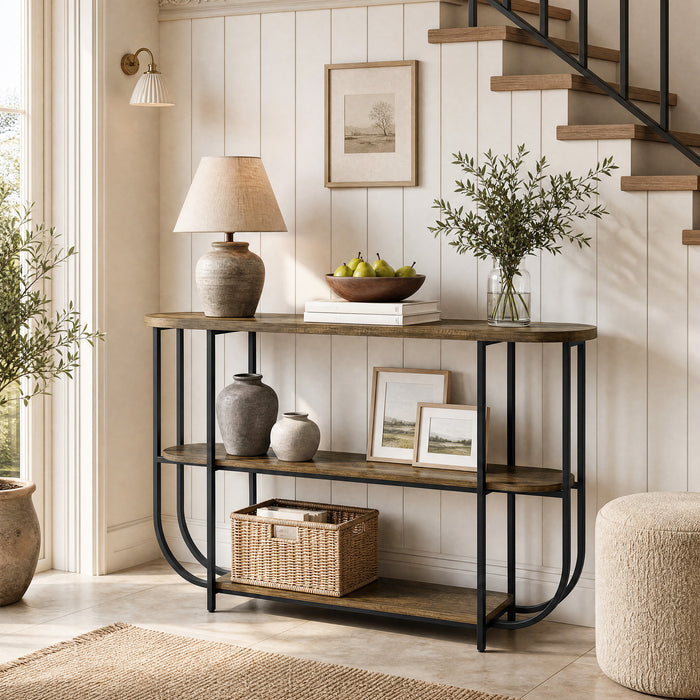 Tribesigns 63-Inch 3-Tier Narrow Console Table with Curved Metal Frame, Modern Vintage Entryway Sofa Table for Living Room