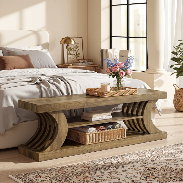 Tribesigns 63-Inch Entryway Shoe Bench with Open Storage, 3-Tier Bed Bench for Bedroom and Hallway