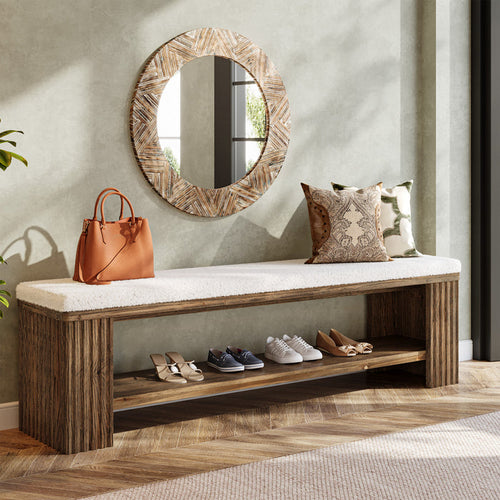Tribesigns 63 Inch Solid Wood Bench with Removable Faux Lambswool Cushion, Farmhouse End of Bed Seat