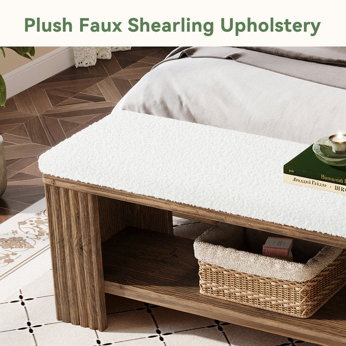 Tribesigns 63 Inch Solid Wood Bench with Removable Faux Lambswool Cushion, Farmhouse End of Bed Seat
