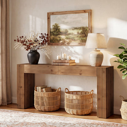 Tribesigns 63-Inch Solid Wood Console Table with 2 Drawers, Fluted Farmhouse Table for Hallway