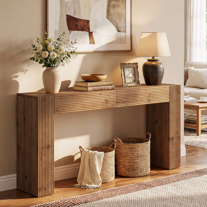 Tribesigns 63-Inch Solid Wood Console Table with 2 Drawers, Fluted Farmhouse Table for Hallway