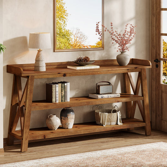 Tribesigns 63-Inch Solid Wood Console Table with X-Frame, 3-Tier Hallway Table for Living Room