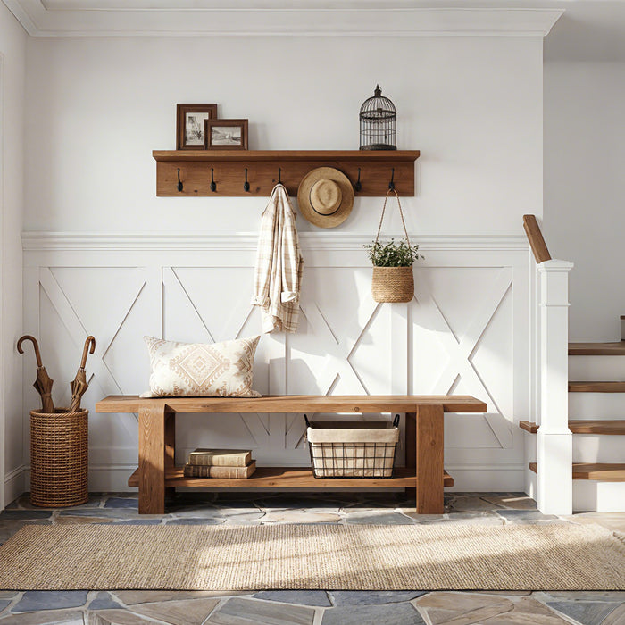 Tribesigns 63-Inch Solid Wood Entryway Bench, Shoe Storage Bench with 2-Tier Shelf for Hallway
