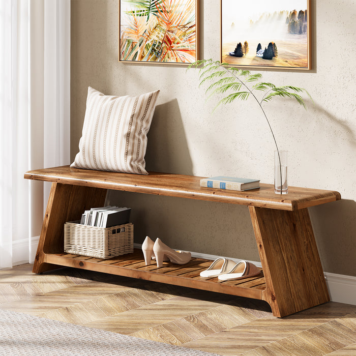 Tribesigns 63-Inch Solid Wood Entryway Bench with Lower Shoe Storage Shelf, Farmhouse End of Bed Bench for Hallway