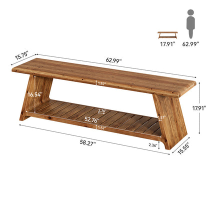 Tribesigns 63-Inch Solid Wood Entryway Bench with Lower Shoe Storage Shelf, Farmhouse End of Bed Bench for Hallway