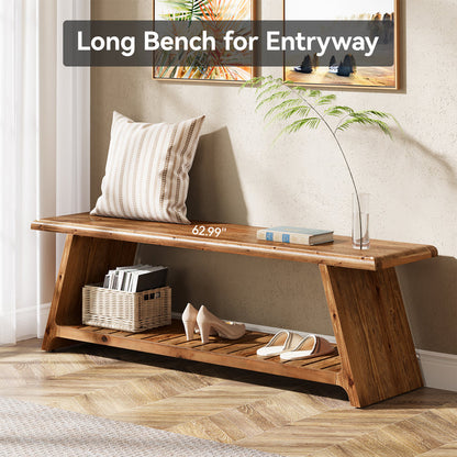Tribesigns 63-Inch Solid Wood Entryway Bench with Lower Shoe Storage Shelf, Farmhouse End of Bed Bench for Hallway