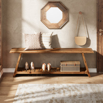 Tribesigns 63-Inch Solid Wood Entryway Bench with Lower Shoe Storage Shelf, Farmhouse End of Bed Bench for Hallway