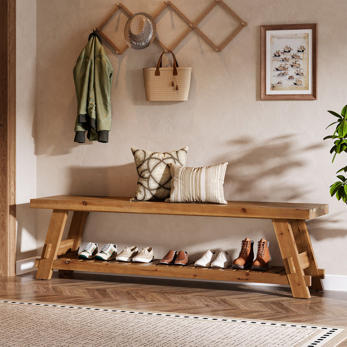 Tribesigns 63 Inch Solid Wood Shoe Storage Bench for 6 Pairs, Farmhouse Entryway Seat with Shelf