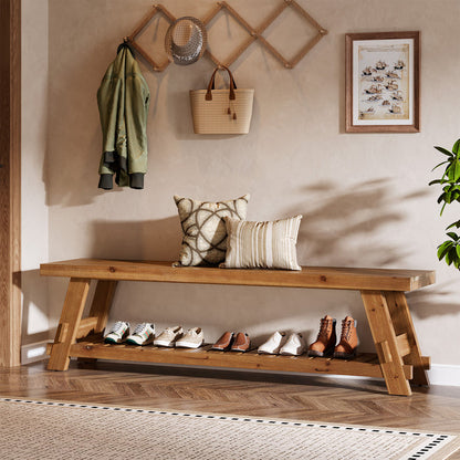 Tribesigns 63 Inch Solid Wood Shoe Storage Bench for 6 Pairs, Farmhouse Entryway Seat with Shelf