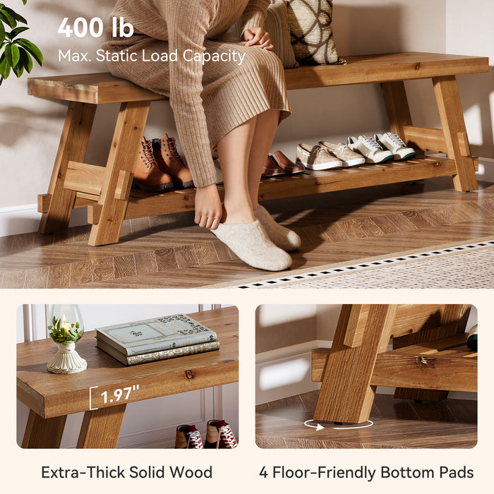 Tribesigns 63 Inch Solid Wood Shoe Storage Bench for 6 Pairs, Farmhouse Entryway Seat with Shelf