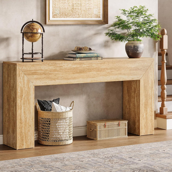 Tribesigns 63" Narrow Sofa Console with Faux Travertine Finish
