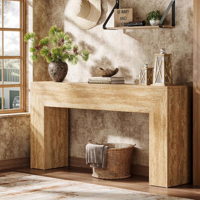 Tribesigns 63" Narrow Sofa Console with Faux Travertine Finish