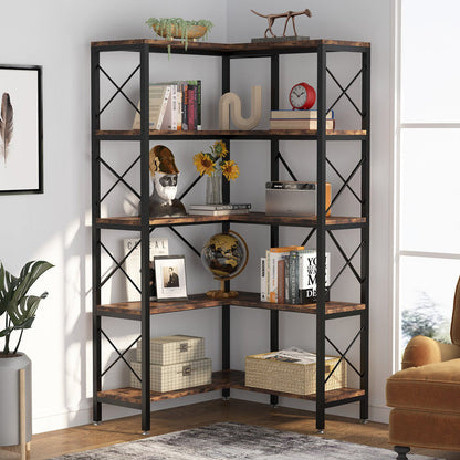 Tribesigns 65.7-Inch L-Shaped Corner Bookcase with 10 Open Shelves, 5-Tier Display Unit with X-Bar Metal Frame