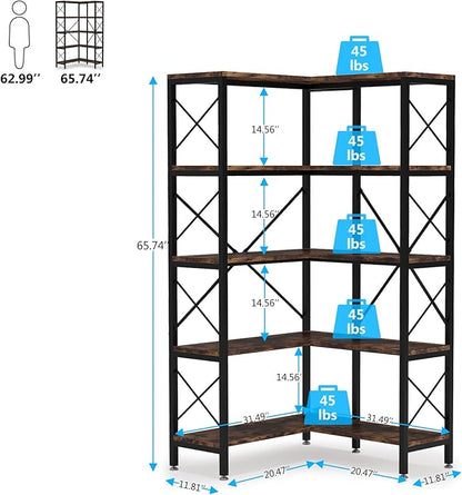 Tribesigns 65.7-Inch L-Shaped Corner Bookcase with 10 Open Shelves, 5-Tier Display Unit with X-Bar Metal Frame