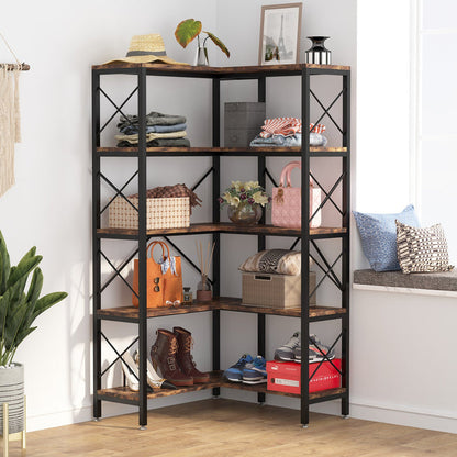 Tribesigns 65.7-Inch L-Shaped Corner Bookcase with 10 Open Shelves, 5-Tier Display Unit with X-Bar Metal Frame