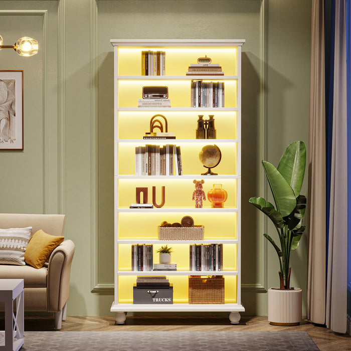 Tribesigns 69-Inch White Bookcase with LED Lighting and Solid Wood Legs, 9-Tier Open Bookshelf for Living Room and Home Office