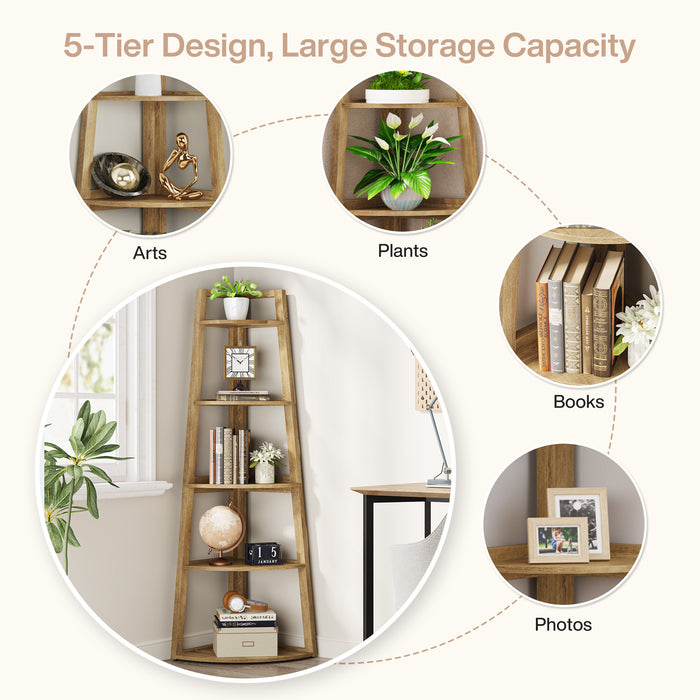 Tribesigns 70-Inch Tall Corner Shelf 5-Tier Bookcase, Industrial Corner Ladder Shelf for Small Spaces
