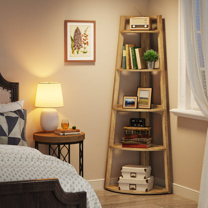 Tribesigns 70-Inch Tall Corner Shelf 5-Tier Bookcase, Industrial Corner Ladder Shelf for Small Spaces