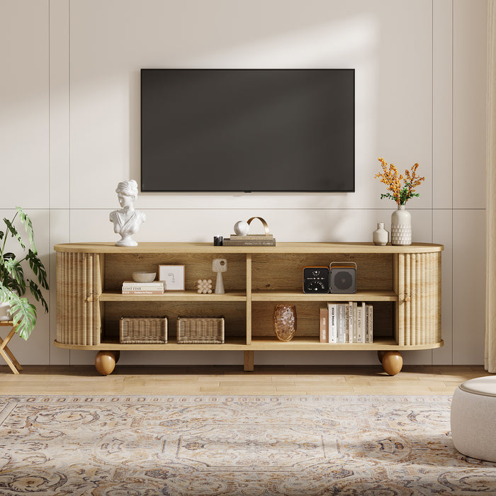 Tribesigns 70.8-Inch Farmhouse Fluted TV Stand with Sliding Doors and Storage Shelves, Extra Long Media Console for 65 70 and 75 Inch TVs