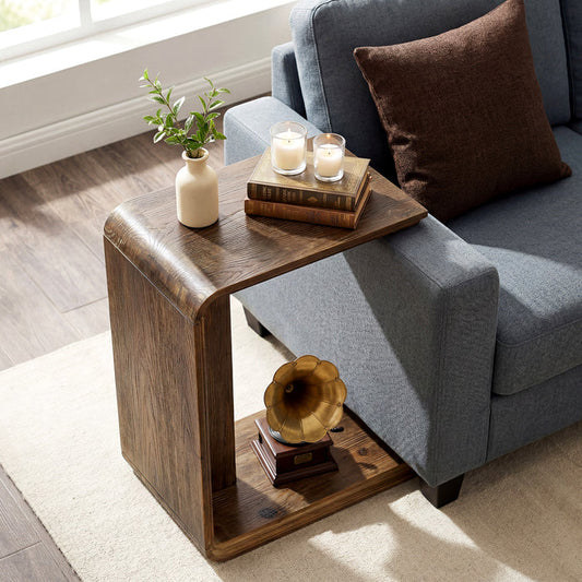 Tribesigns C-Shaped Solid Wood End Table for Small Spaces, Narrow Sofa Side Table for Living Room