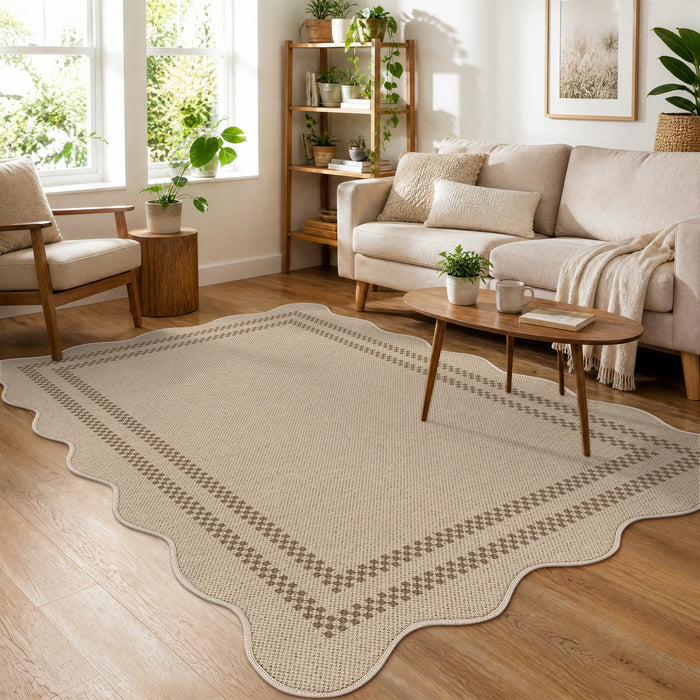 Tribesigns Indoor and Outdoor Rug, Weather-Resistant, Jute-Look, Scalloped Border and Farmhouse-Style Pattern, Washable and Non-Slip