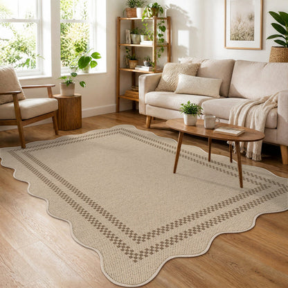 Tribesigns Indoor and Outdoor Rug, Weather-Resistant, Jute-Look, Scalloped Border and Farmhouse-Style Pattern, Washable and Non-Slip