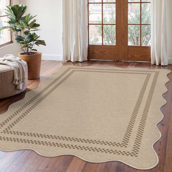 Tribesigns Indoor and Outdoor Rug, Weather-Resistant, Jute-Look, Scalloped Border and Farmhouse-Style Pattern, Washable and Non-Slip