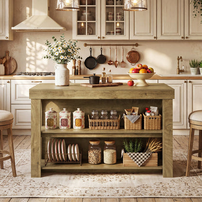 Tribesigns Solid Wood Kitchen Island Table with Storage Shelves, Farmhouse Counter Height Island