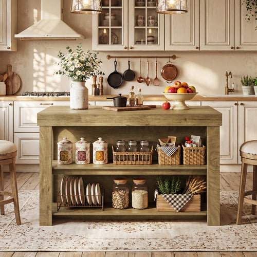 Tribesigns Solid Wood Kitchen Island Table with Storage Shelves, Farmhouse Counter Height Island