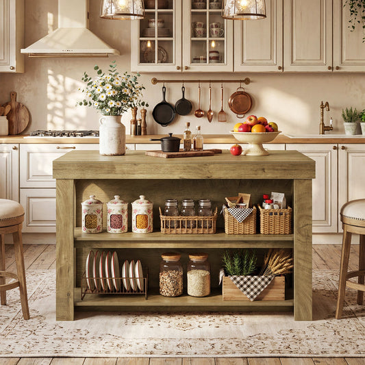 Tribesigns Solid Wood Kitchen Island Table with Storage Shelves, Farmhouse Counter Height Island