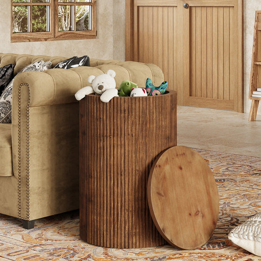 Tribesigns Solid Wood Round Side Table with Fluted Design and 4 Wheels, No-Assembly End Table with Storage for Living Room Bedroom and Small Spaces