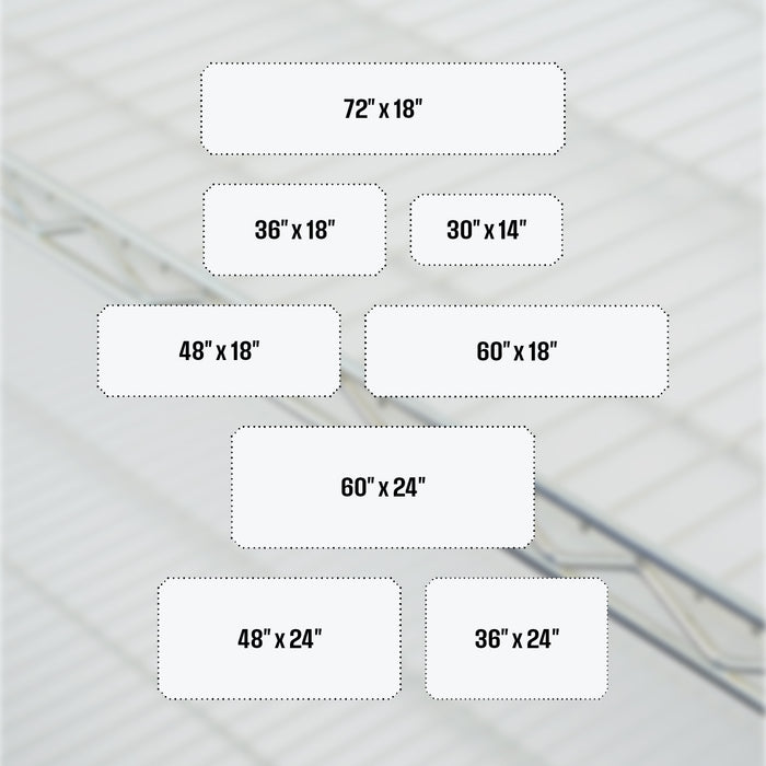 Diagram of shelf liner sizes, in inches: 72 by 18, 36 by 18, 30 by 14, 48 by 18, 60 by 18, 60 by 24, 48 by 24, 36 by 24.