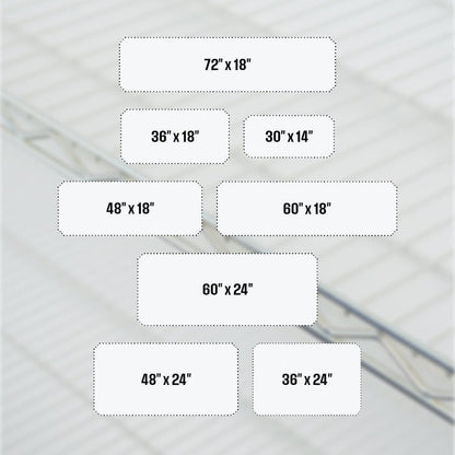 Diagram of shelf liner sizes, in inches: 72 by 18, 36 by 18, 30 by 14, 48 by 18, 60 by 18, 60 by 24, 48 by 24, 36 by 24.