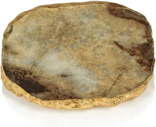 Zodax Simulated Agate Marble Glass Coaster with Gold Rim - Set of 4 (Brown)
