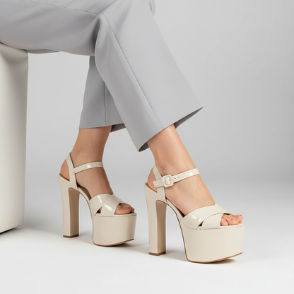 Zoe Platform Sandal Off White Patent Leather worn by a model